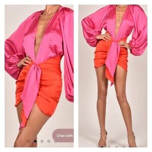 THE DOLLS HOUSE Beaudelle Satin Mini Skirt Red Pink Small NEW